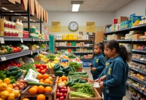 Grocery store inside Huffman Middle School with fresh produce and students.