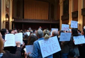 Kamala Harris speaking at the Alabama Theatre in Birmingham, audience engaged.