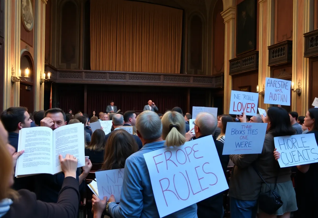 Kamala Harris speaking at the Alabama Theatre in Birmingham, audience engaged.