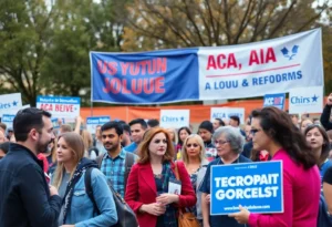 Political rally promoting Democratic values with diverse audience
