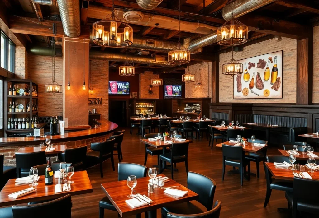Interior of Lapeer Steak & Seafood showcasing a stylish dining area with a rustic and modern design.