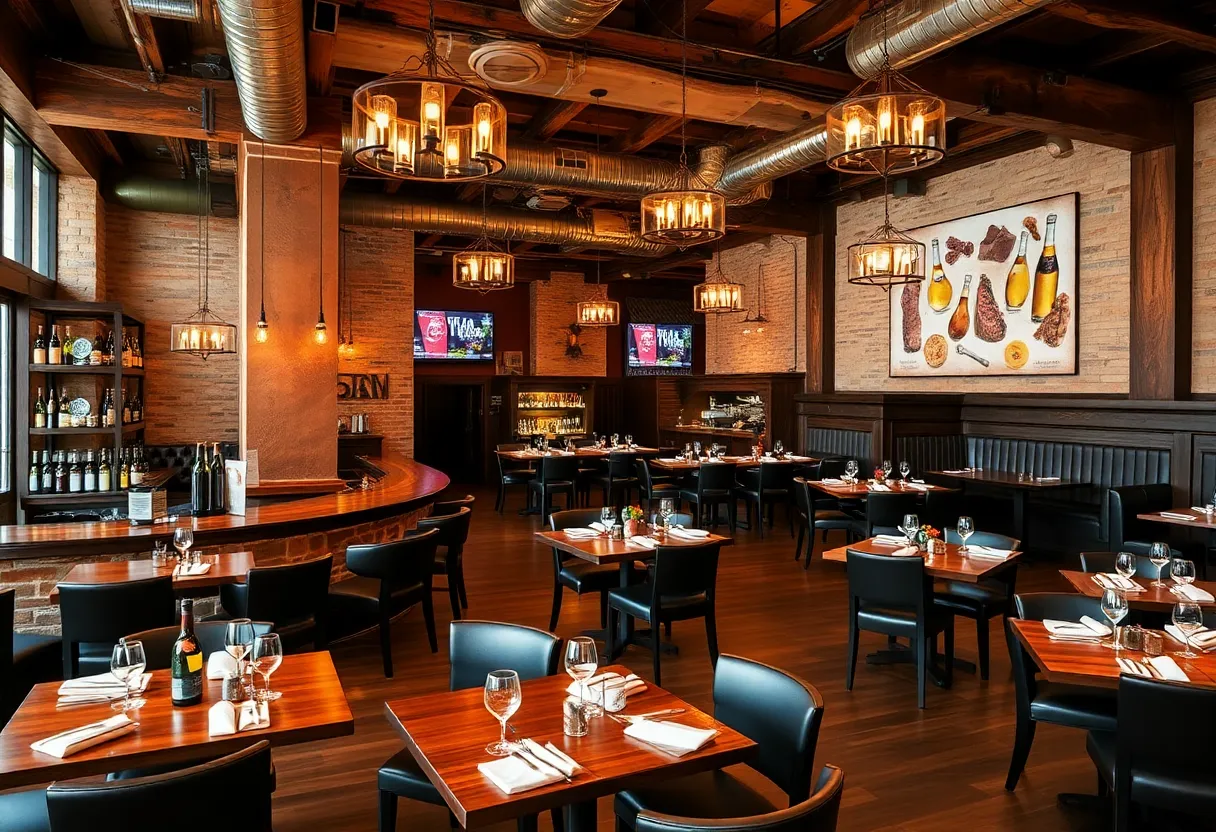Interior of Lapeer Steak & Seafood showcasing a stylish dining area with a rustic and modern design.