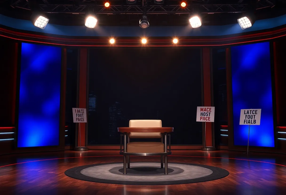 Empty talk show host chair with protest signs in the background