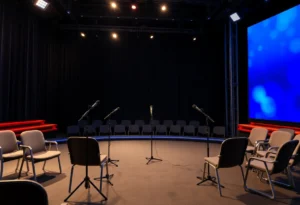 An empty late-night talk show stage representing suspension and controversy.