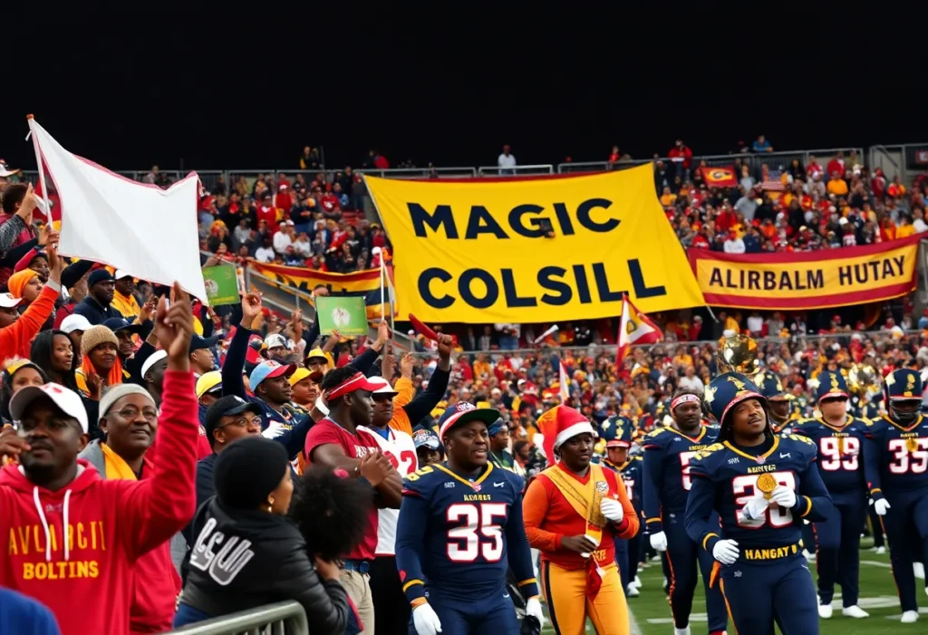 Fans celebrating at the Magic City Classic football game in Birmingham, Alabama.