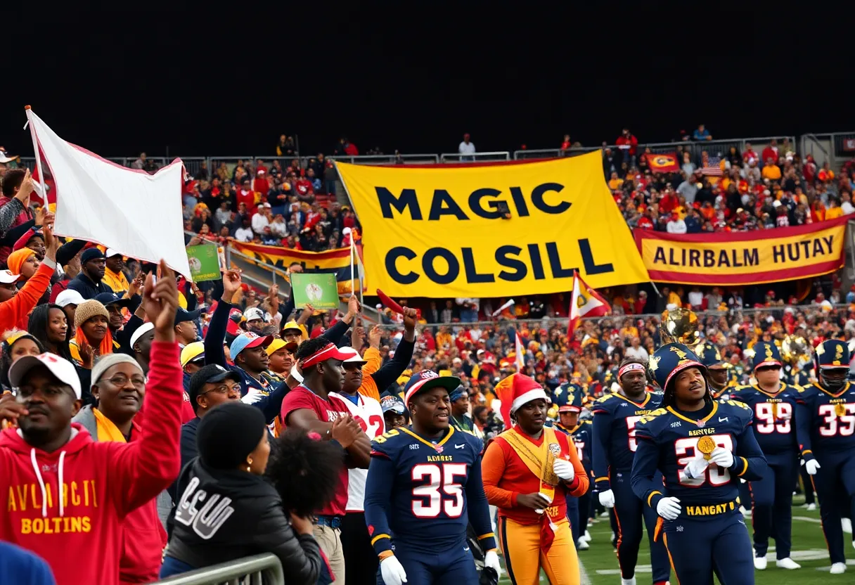 Fans celebrating at the Magic City Classic football game in Birmingham, Alabama.