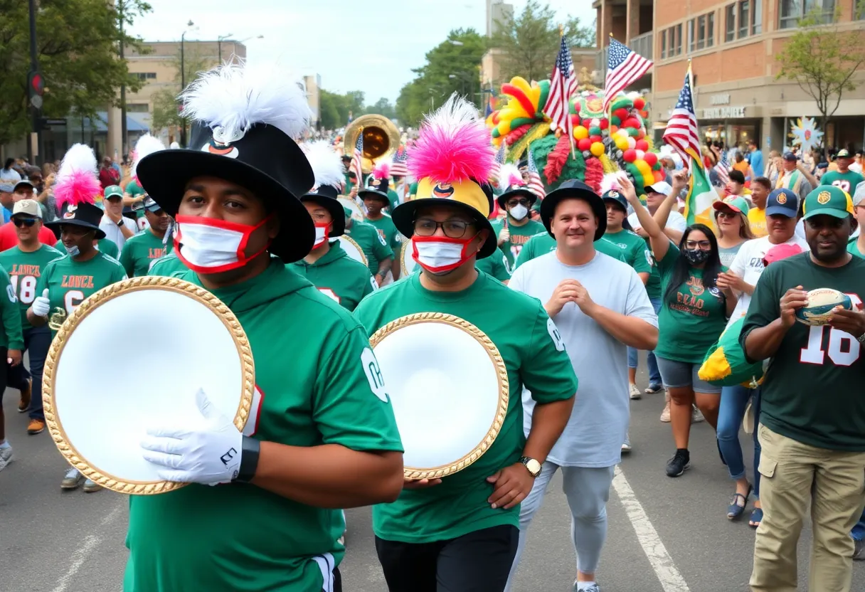 Parade during the Magic City Classic in Birmingham, featuring bands and colorful floats