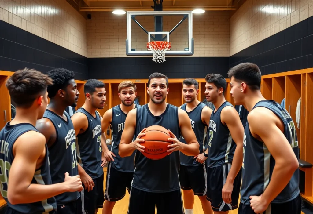 Missouri basketball team practicing together in a locker room