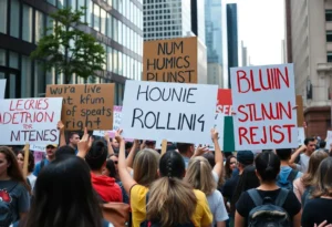 Protesters holding signs at the No Kings protests advocating for democracy.