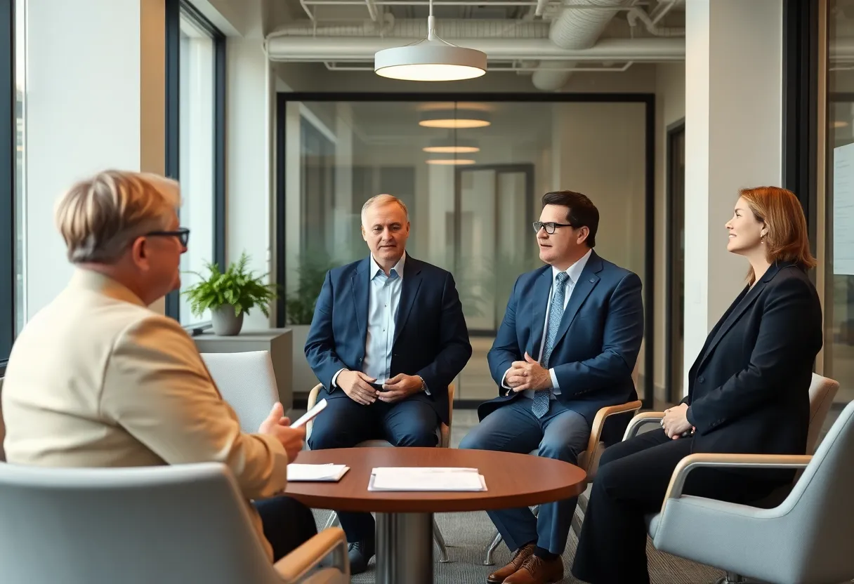 Officials discussing economic development in an office setting