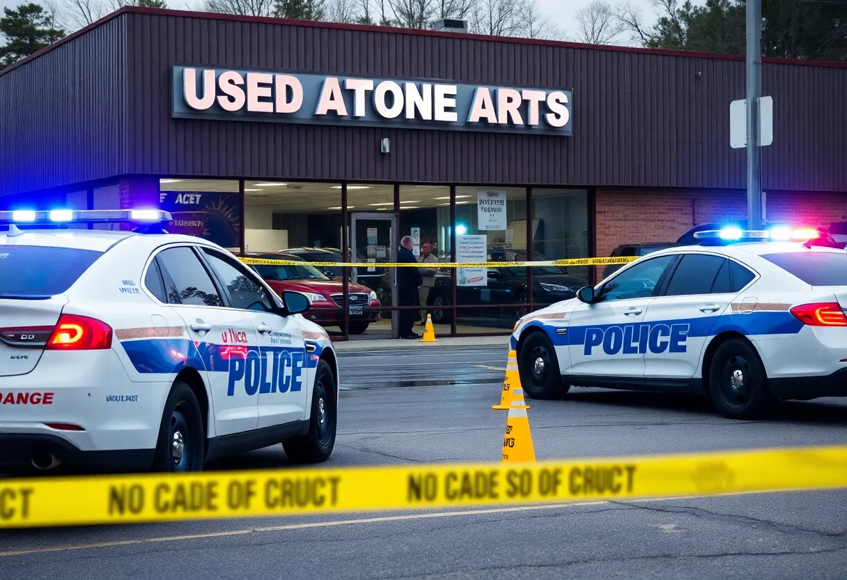 Police cars and investigation markers at Pull-A-Part used auto parts in Birmingham.