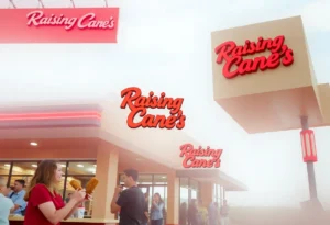 Raising Cane's new restaurant locations with happy customers enjoying chicken fingers.