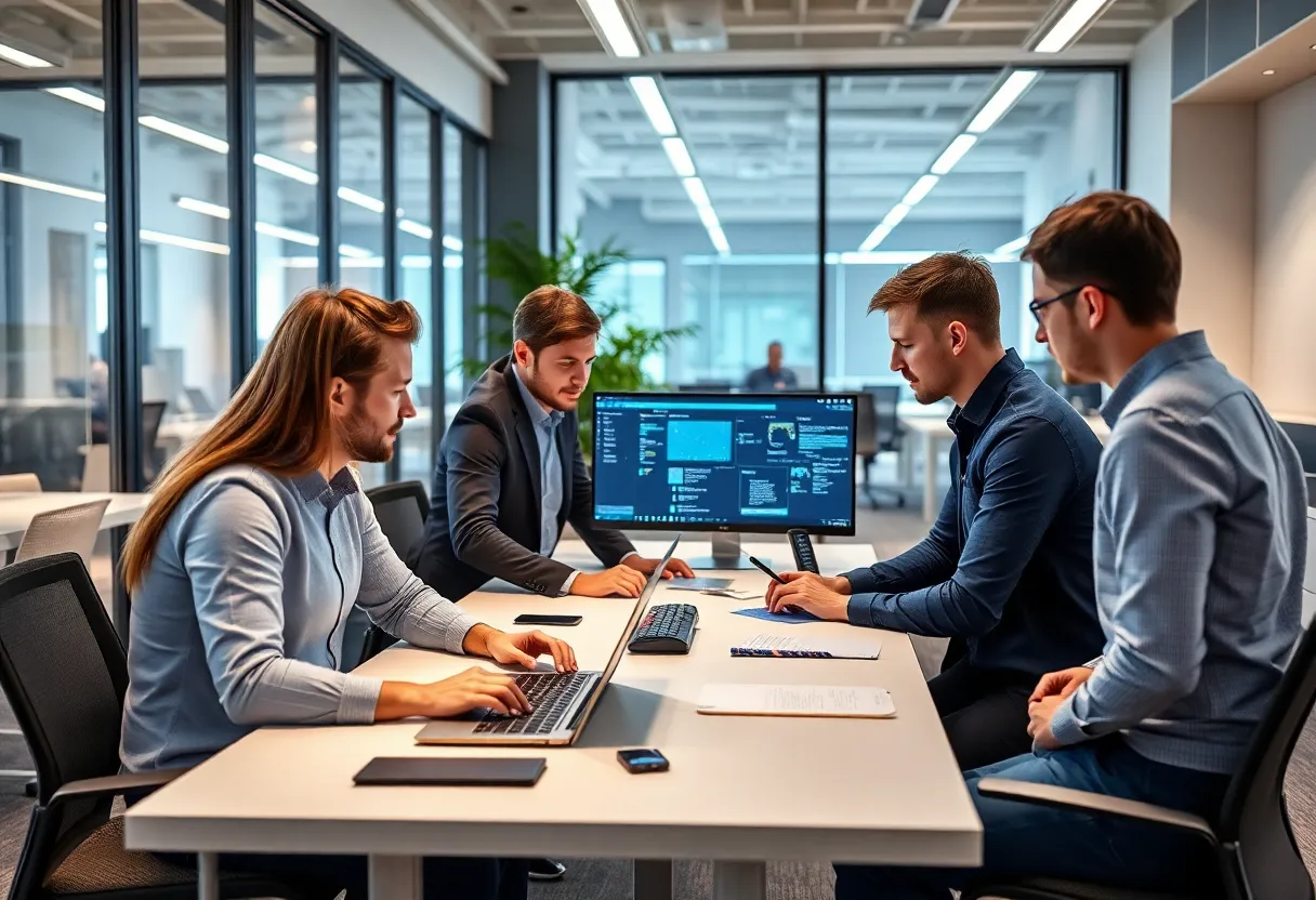 A vibrant tech office in Birmingham with employees collaborating.