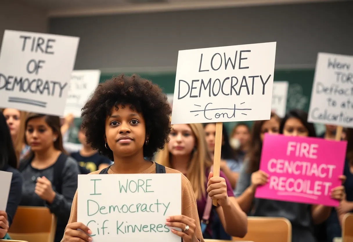 Protesters advocating for democracy with a classroom backdrop