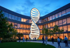 Exterior view of the UAB Genomic Medicine and Data Sciences Building with a double-helix design.