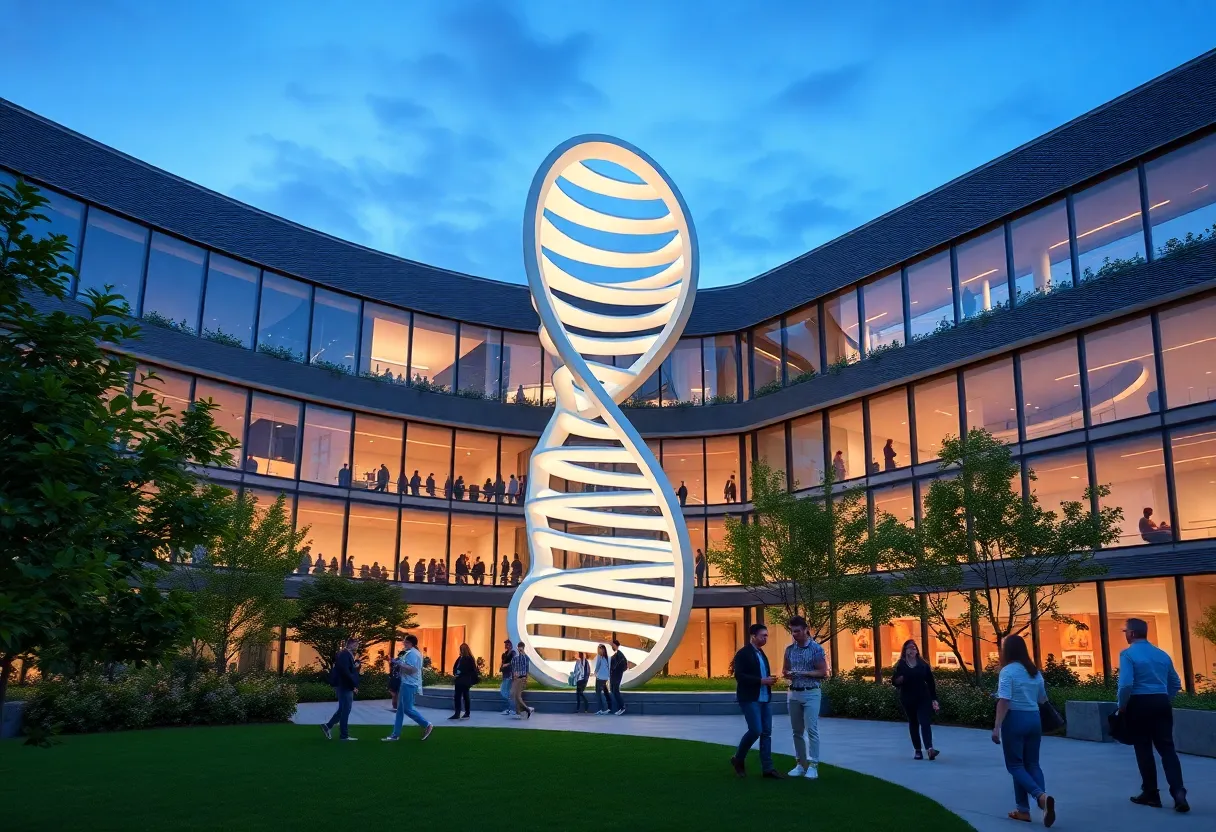 Exterior view of the UAB Genomic Medicine and Data Sciences Building with a double-helix design.