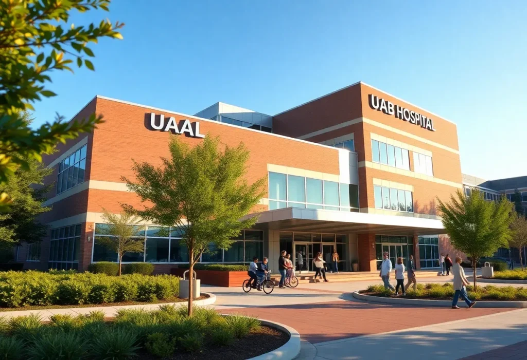 Exterior view of UAB Hospital displaying modern architecture