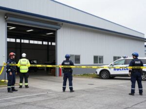 Emergency responders at the scene of a shooting outside an Amazon Fulfillment Center.