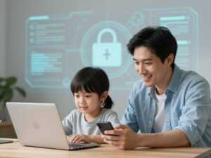 Illustration depicting family safety in the digital age