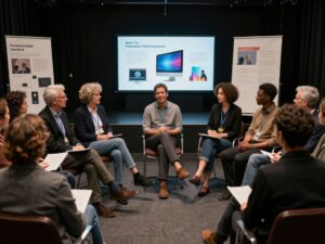 Diverse attendees engaging at the Birmingham AI kickoff event at Red Mountain Theatre