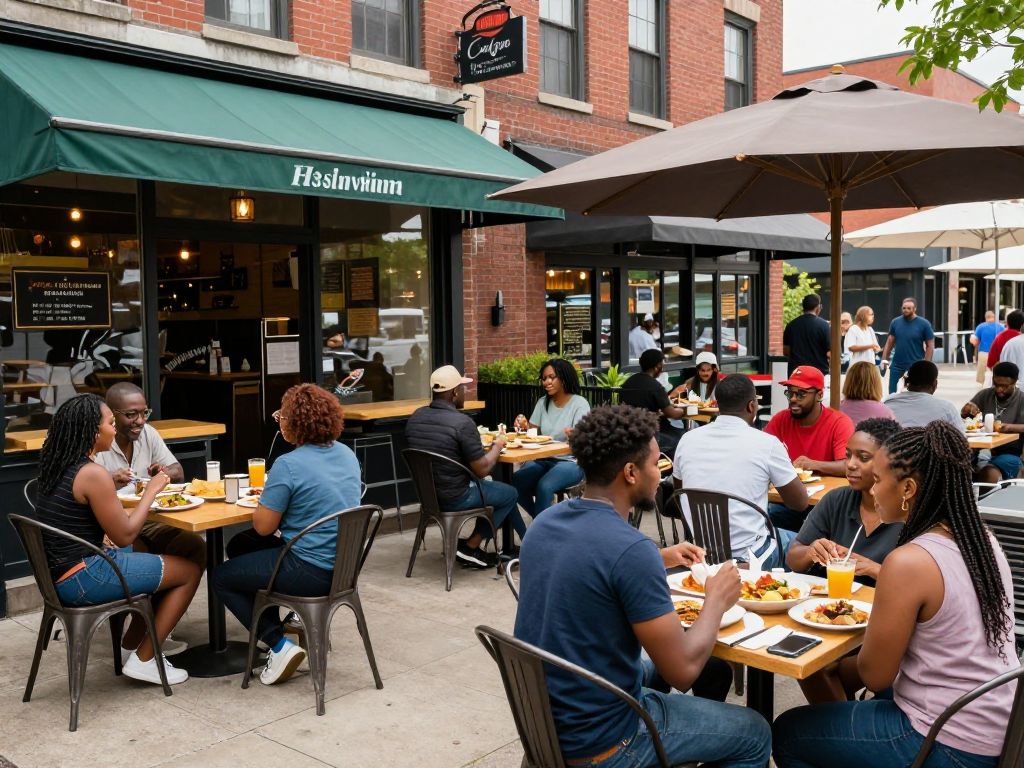 A street view of Black-owned restaurants in Birmingham with people enjoying outdoor dining.