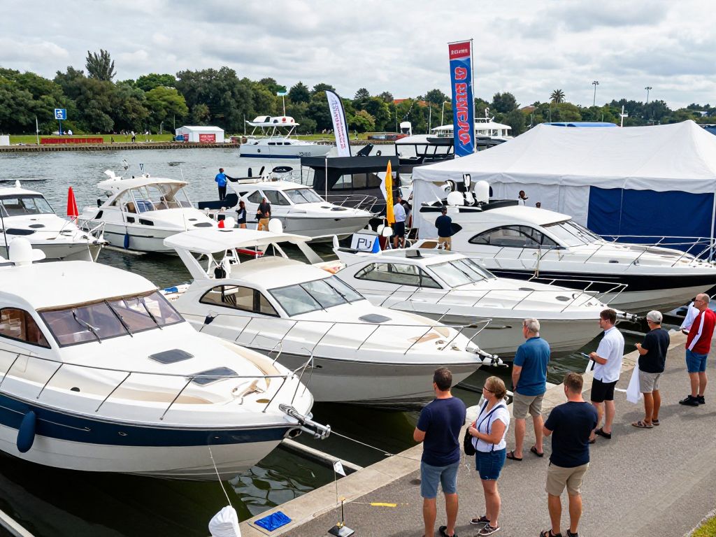 Attendees enjoying the Birmingham Boat Show with various boats displayed.
