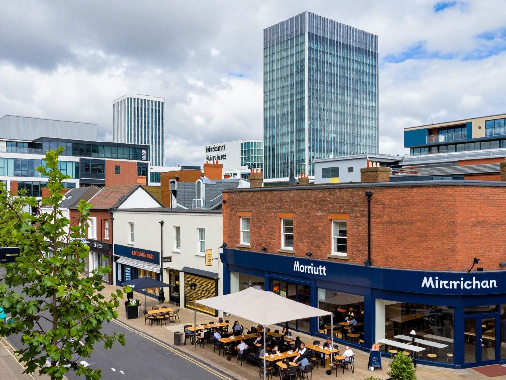 A vibrant overview of Birmingham's economic landscape with local businesses and restaurants.