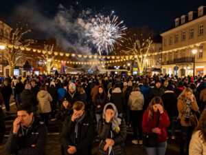Crowd in Birmingham's Centenary Square awaiting fireworks that never occurred