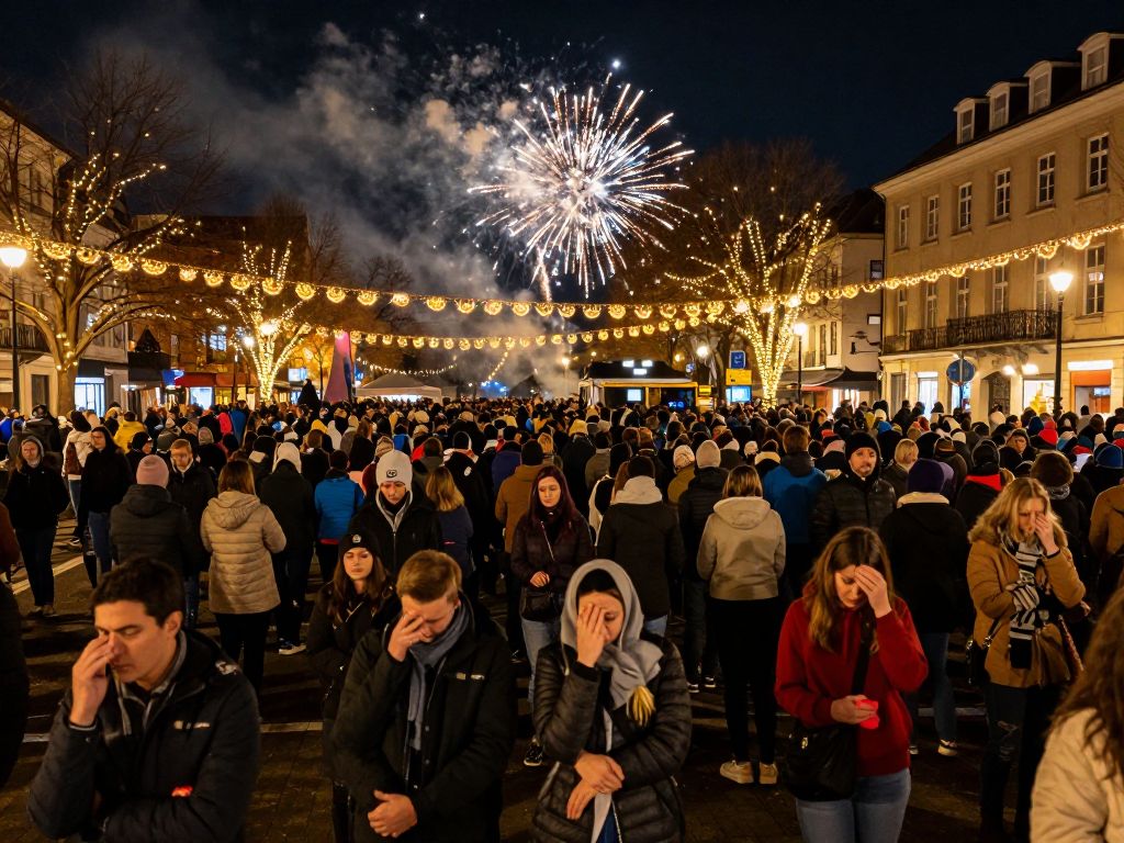 Crowd in Birmingham's Centenary Square awaiting fireworks that never occurred