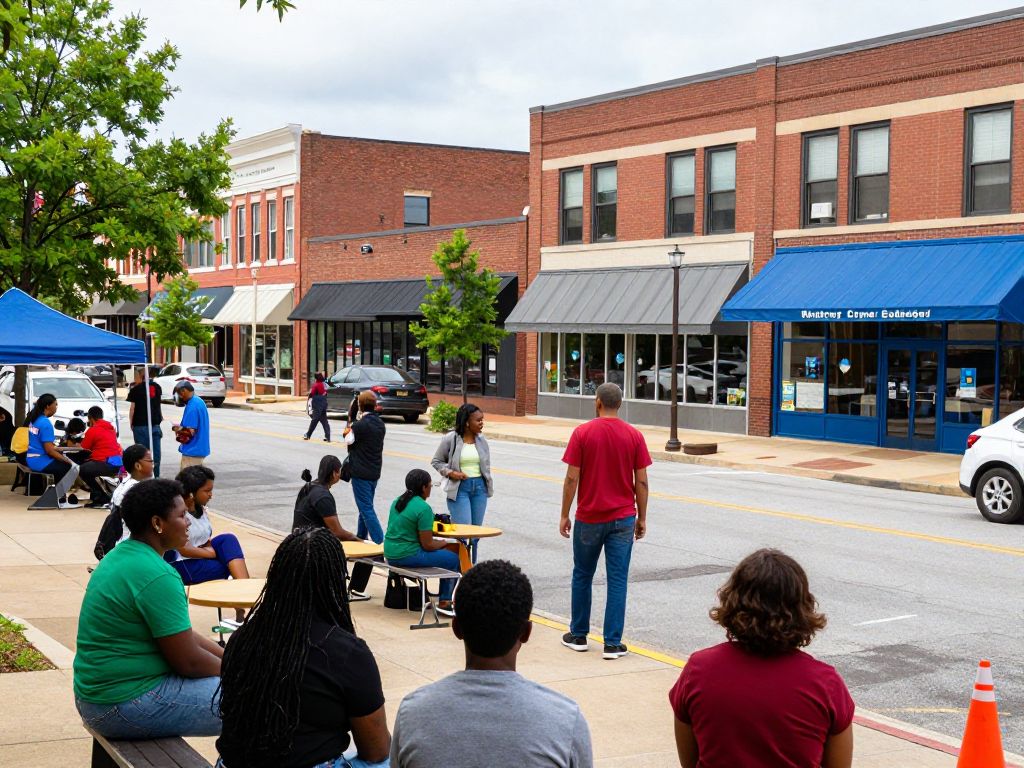 A scene showing local businesses and educational institutions in Birmingham AL