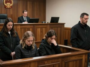 A courtroom during a trial for a murder case in Birmingham, focusing on the emotional atmosphere.