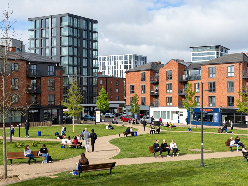 Urban scenery of Birmingham depicting residential and business activities