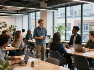 Entrepreneurs collaborating in Birmingham's co-working space