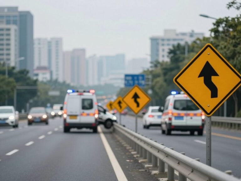 Emergency vehicles at the scene of a highway accident.