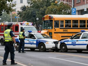 Collision involving a school bus and a police car during a pursuit