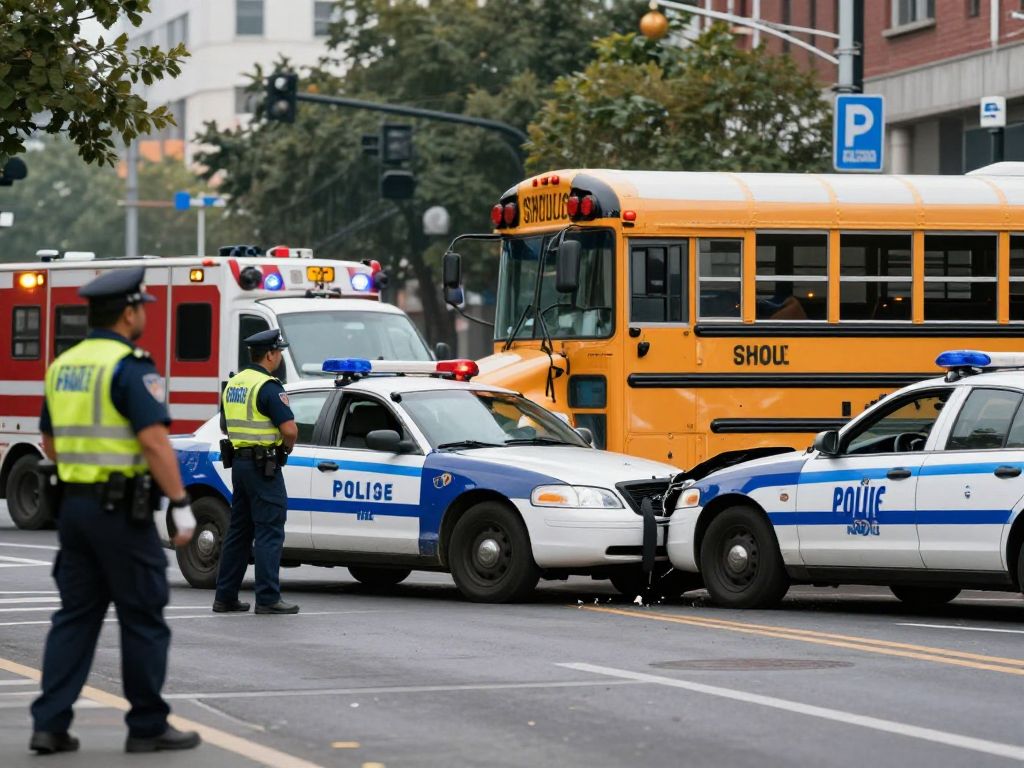 Collision involving a school bus and a police car during a pursuit