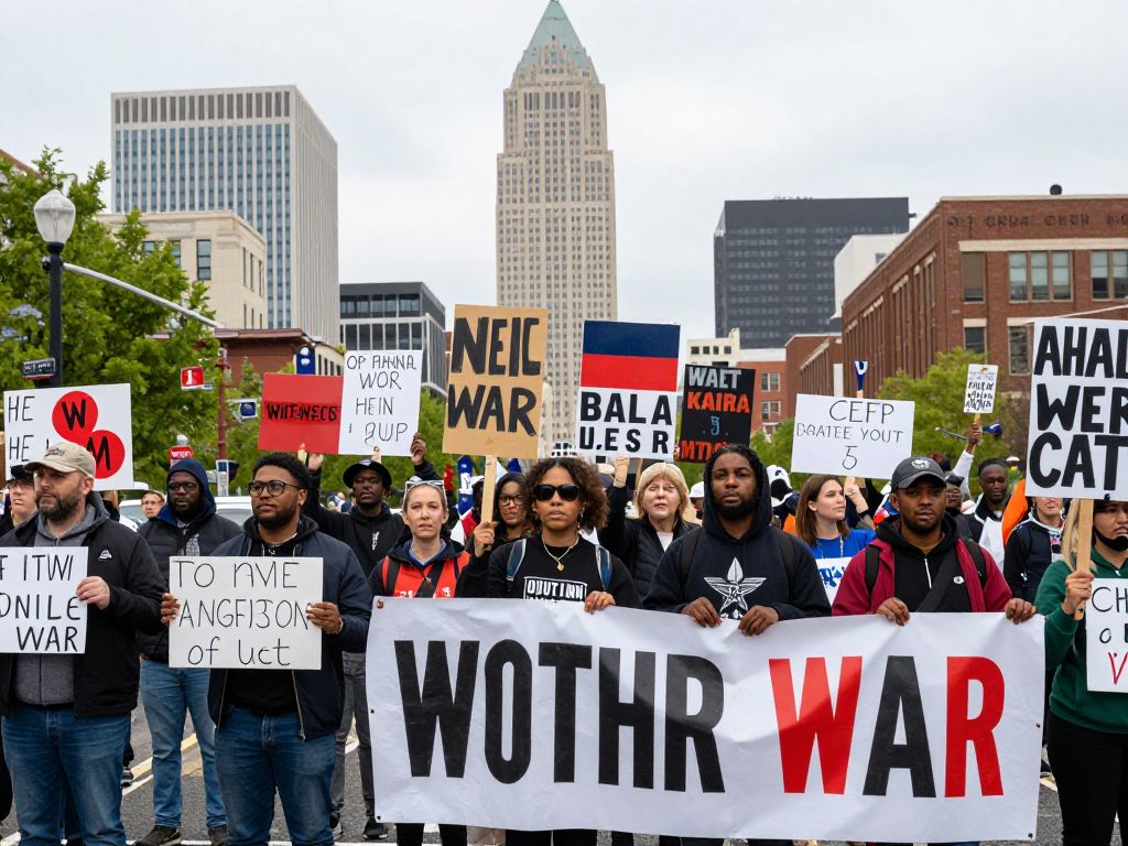 Community members protesting in downtown Birmingham against war.