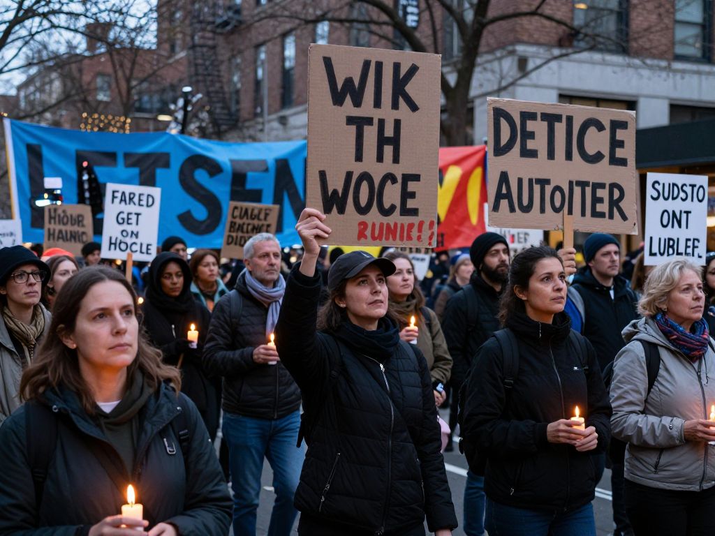 Community members holding signs at a protest in Birmingham.