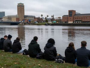 Calm riverside path in Birmingham reflecting on a recent tragedy