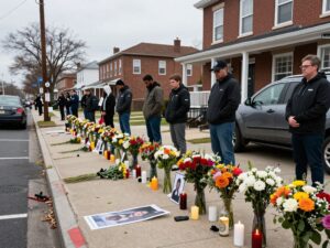Community vigil for shooting victim in Birmingham, showing flowers and candles.