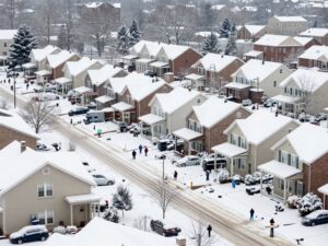 Birmingham Alabama snowy landscape with houses and light snow.