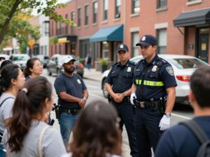 Police officer interacting with community members in Birmingham Southside