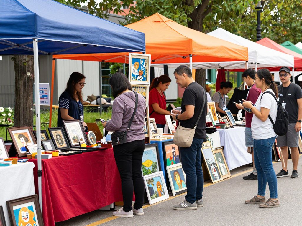 Artists and vendors at the Birmingham Summer Market showcasing local creations and engaging with customers.