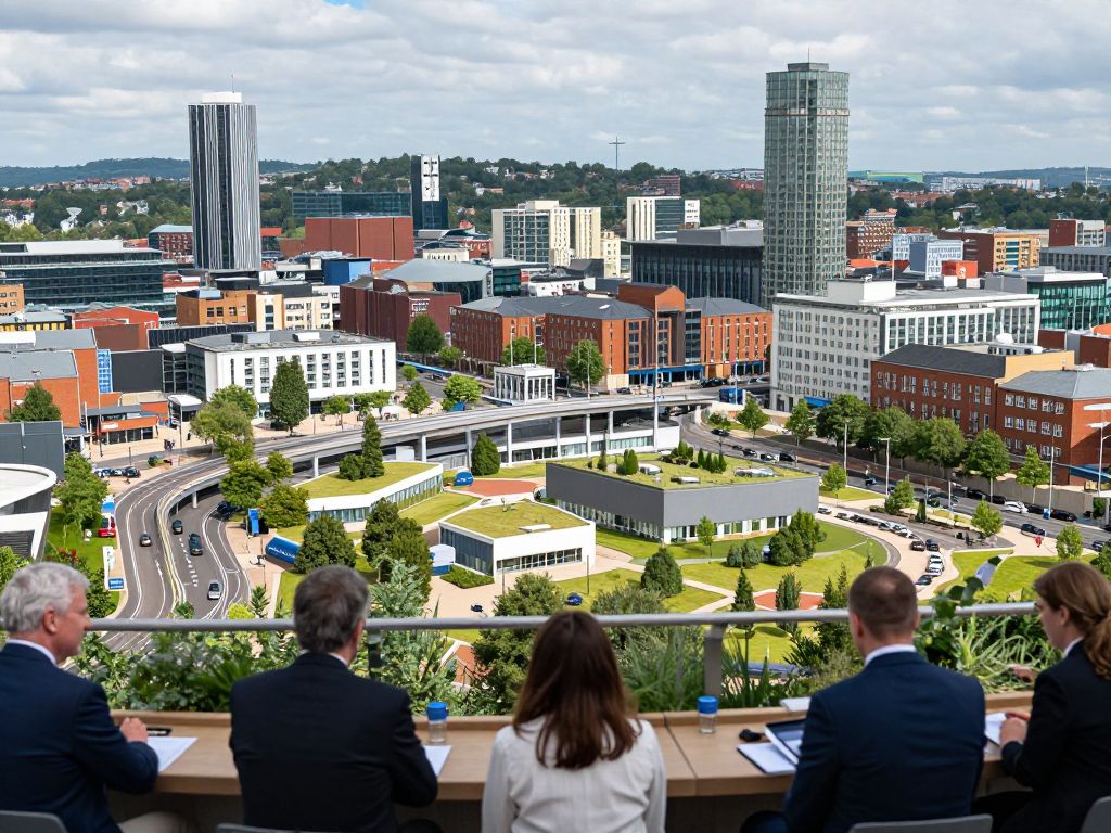 Panoramic view of Birmingham's urban landscape with infrastructure and community engagement elements.