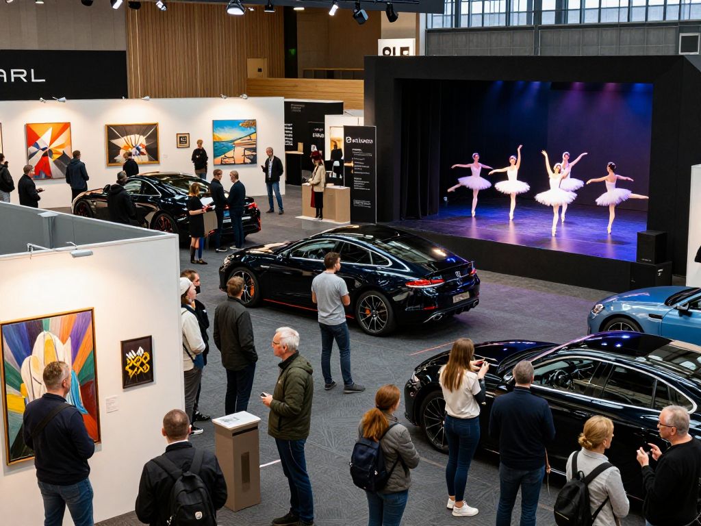 A collage of events showcasing art, ballet, and automotive show in Birmingham.