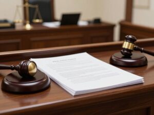 Courtroom scene depicting a gavel and legal documents