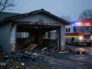 Burned garage at crime scene in Birmingham
