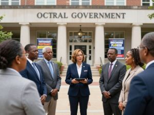 A diverse group discussing civic engagement in front of a government building.