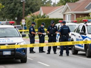 Law enforcement officers investigating a crime scene in Birmingham's South Eastlake neighborhood