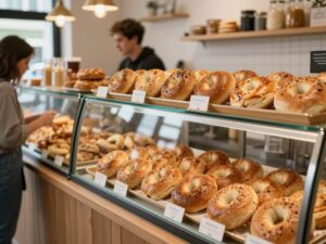 Freshly baked bagels displayed in a cozy cafe setting at Einstein Bros. Bagels in Birmingham.